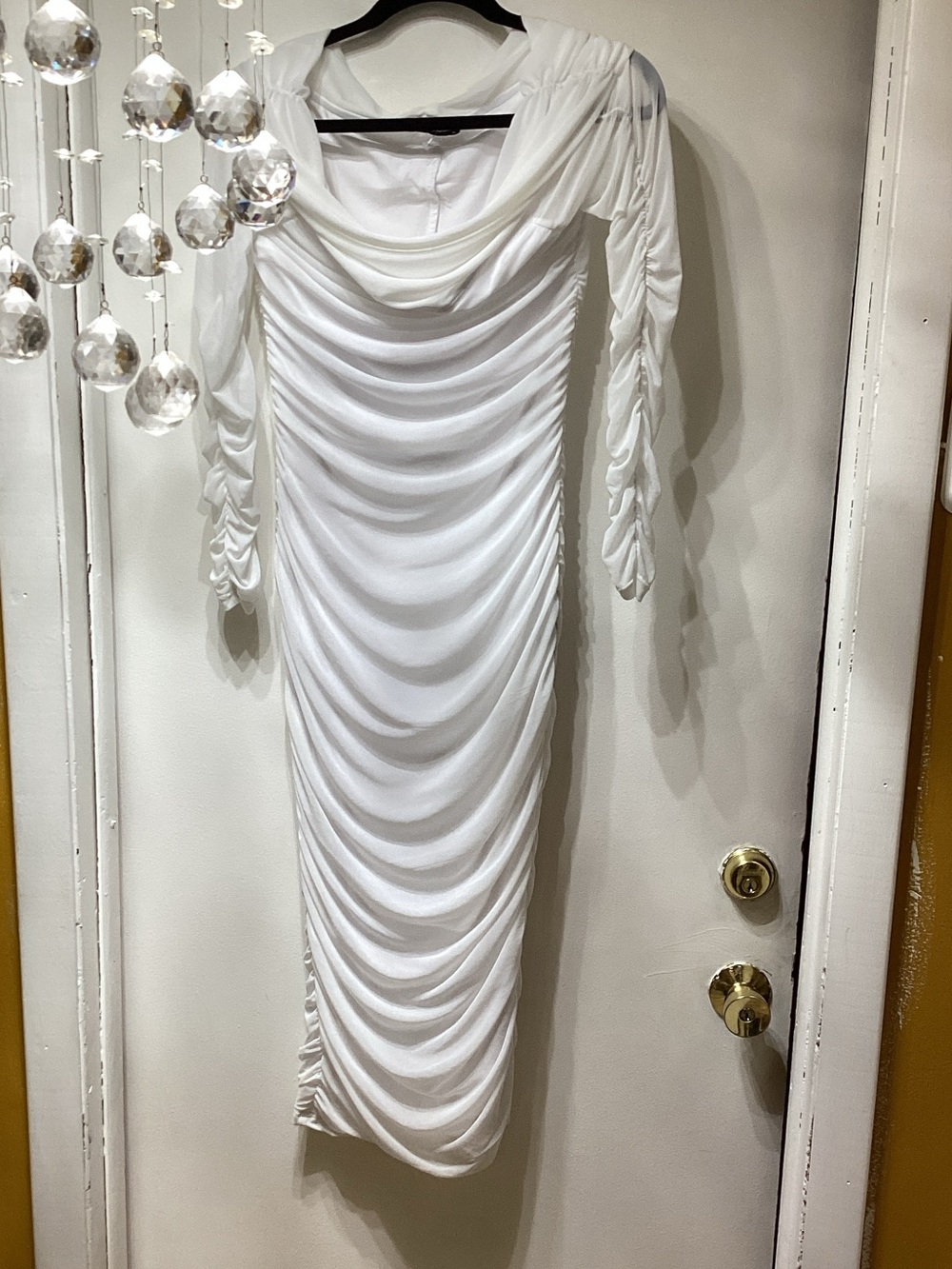White Draped Maxi Dress with Ruched Sleeves